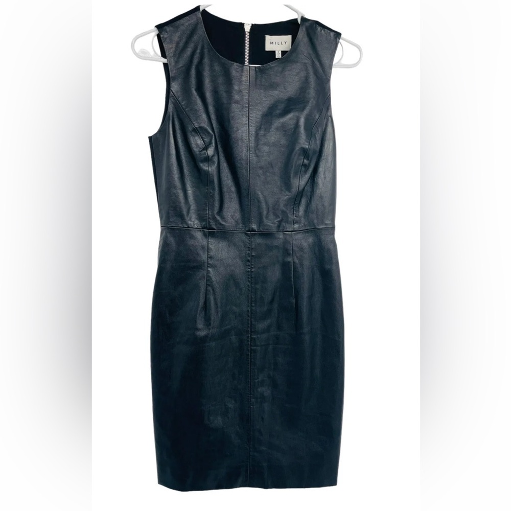Milly Lambskin Leather Black Sheath Mini Dress with Exposed Back Zipper Sz 6